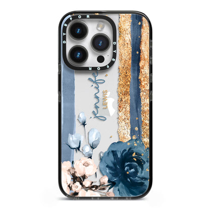 Personalised Blue Gold Name iPhone 14 Pro Black Impact Case on Silver phone