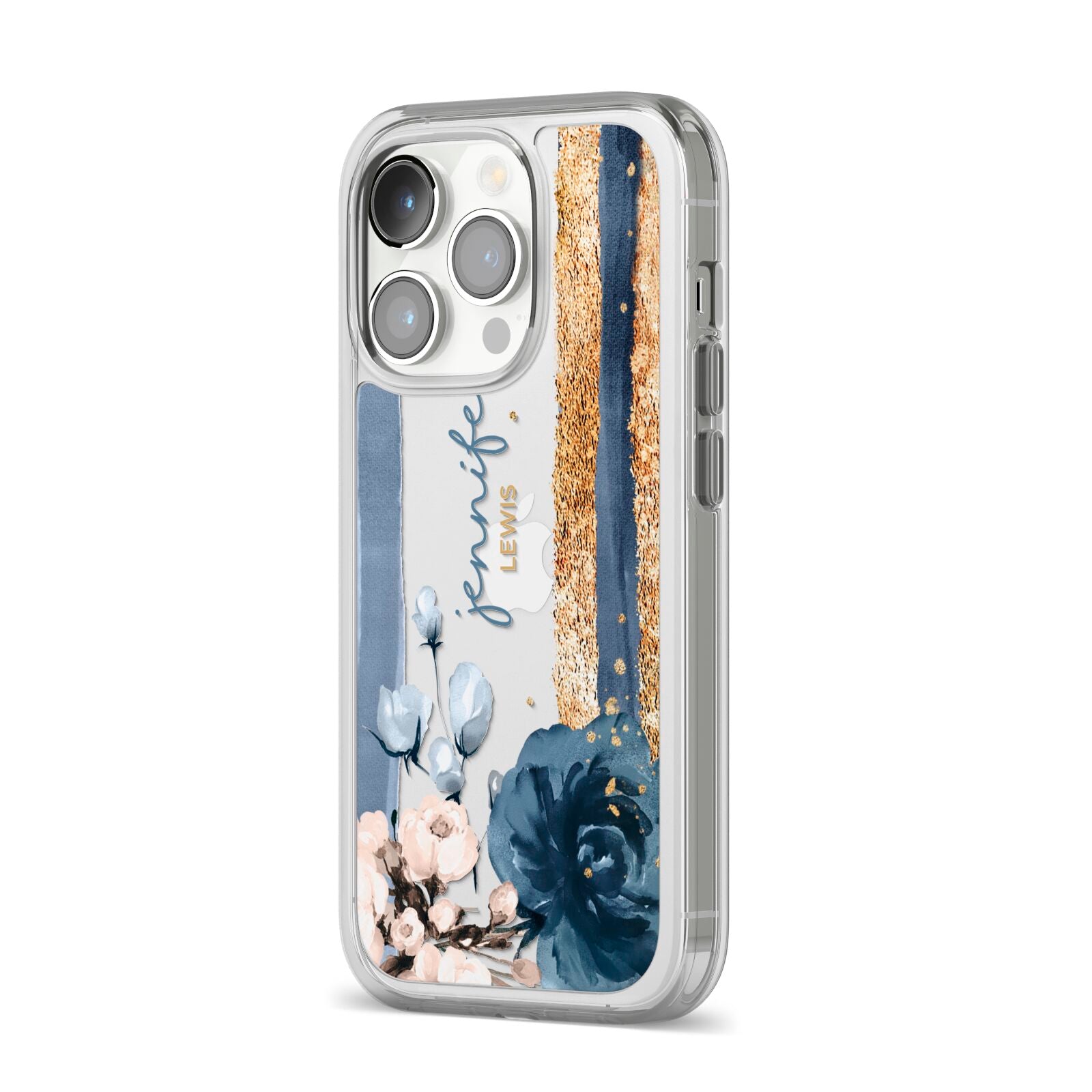 Personalised Blue Gold Name iPhone 14 Pro Clear Tough Case Silver Angled Image