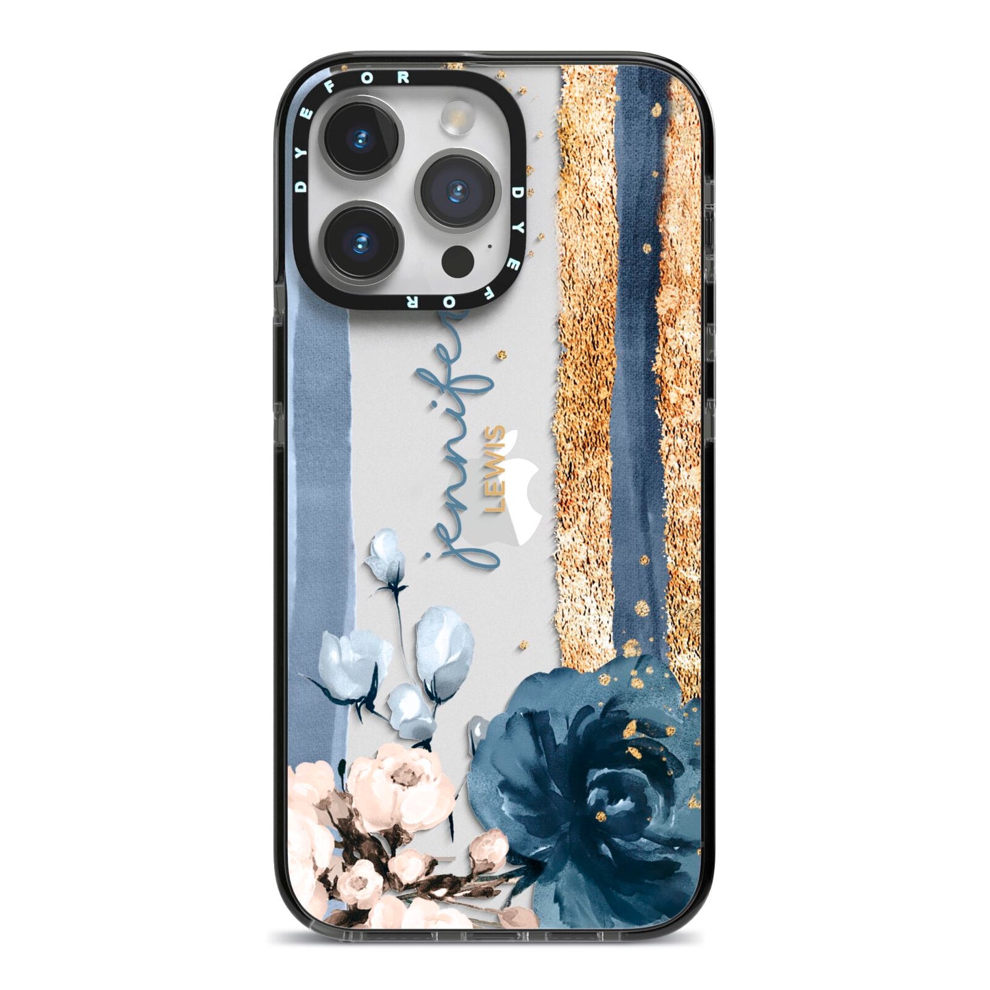 Personalised Blue Gold Name iPhone 14 Pro Max Black Impact Case on Silver phone