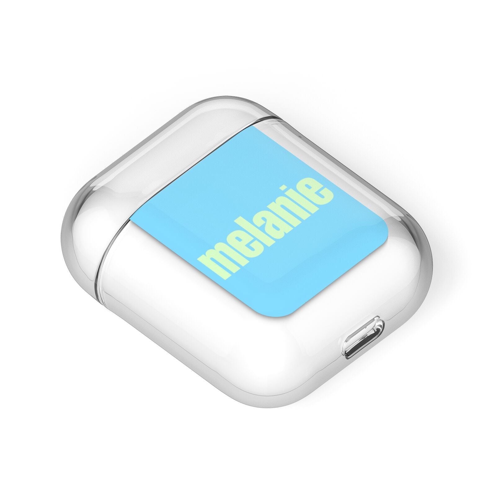Personalised Blue Green Name AirPods Case Laid Flat