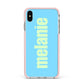 Personalised Blue Green Name Apple iPhone Xs Max Impact Case Pink Edge on Silver Phone