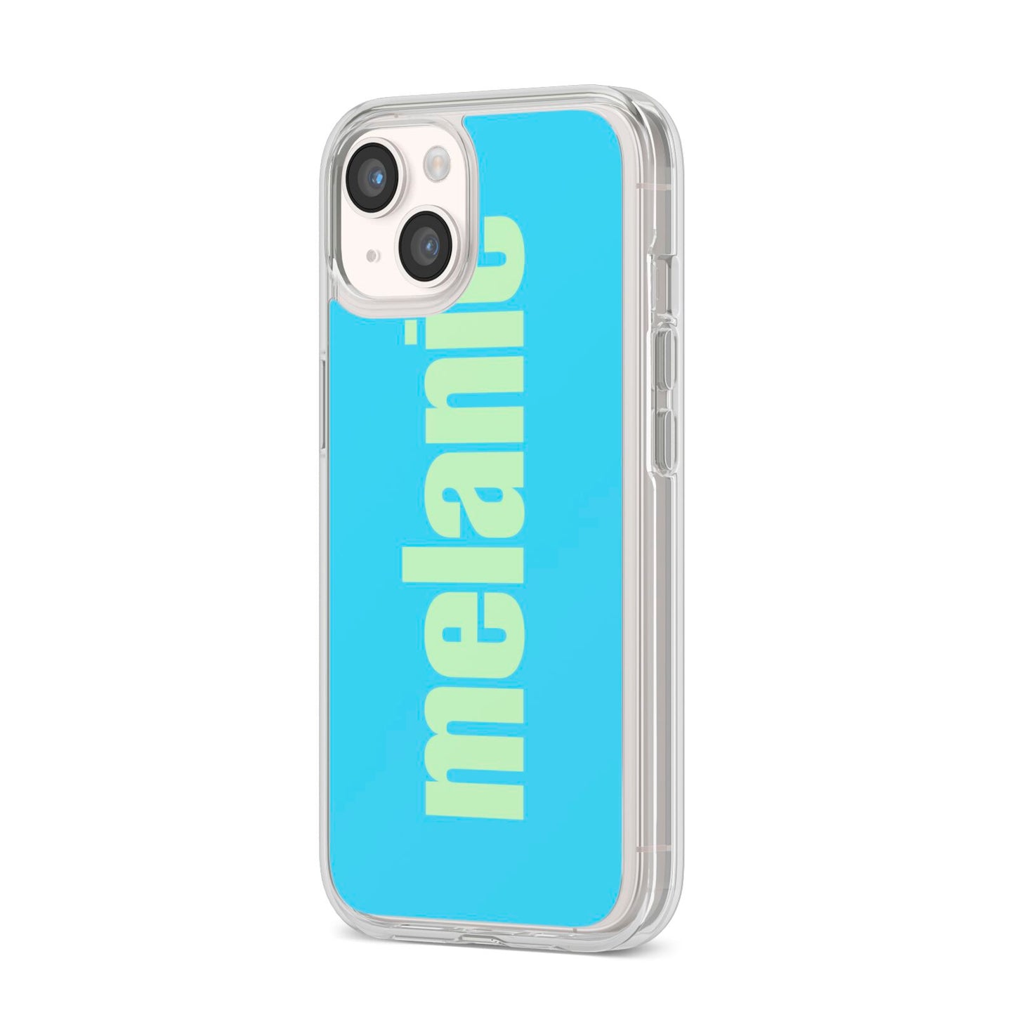 Personalised Blue Green Name iPhone 14 Clear Tough Case Starlight Angled Image