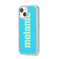 Personalised Blue Green Name iPhone 14 Glitter Tough Case Starlight Angled Image