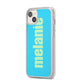 Personalised Blue Green Name iPhone 14 Plus Clear Tough Case Starlight Angled Image