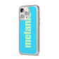 Personalised Blue Green Name iPhone 14 Pro Max Clear Tough Case Silver Angled Image