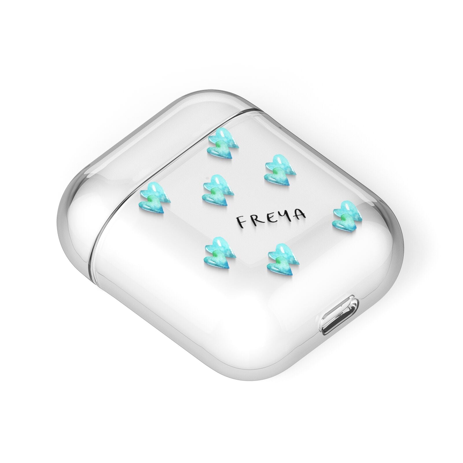 Personalised Blue Hearts AirPods Case Laid Flat