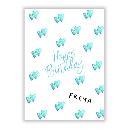 Personalised Blue Hearts Happy Birthday A5 Flat Greetings Card
