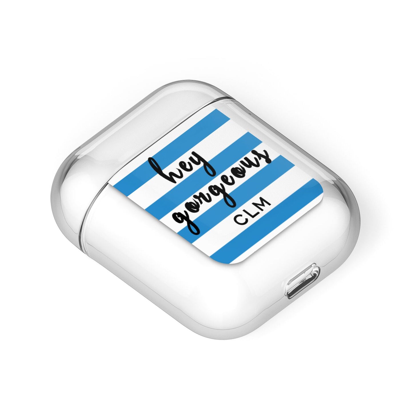 Personalised Blue Hey Gorgeous AirPods Case Laid Flat