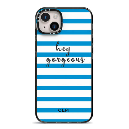 Personalised Blue Hey Gorgeous iPhone 14 Plus Black Impact Case on Silver phone