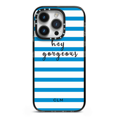 Personalised Blue Hey Gorgeous iPhone 14 Pro Black Impact Case on Silver phone