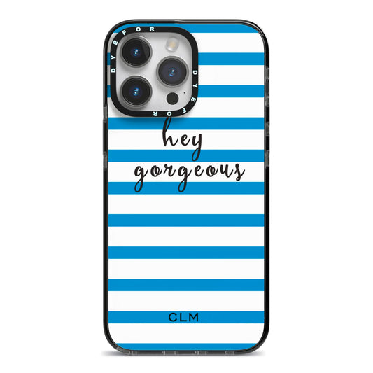 Personalised Blue Hey Gorgeous iPhone 14 Pro Max Black Impact Case on Silver phone