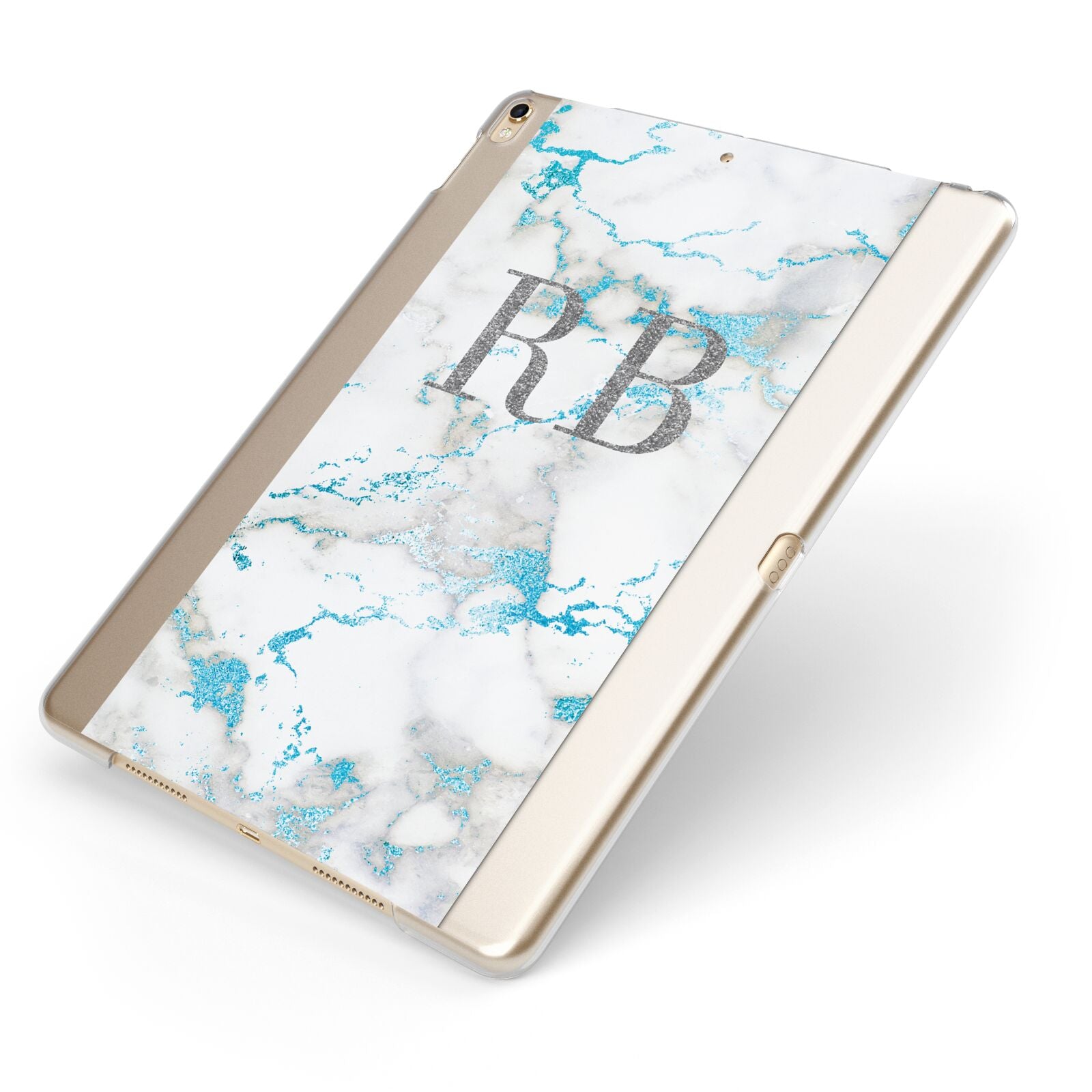 Personalised Blue Marble Initials Apple iPad Case on Gold iPad Side View