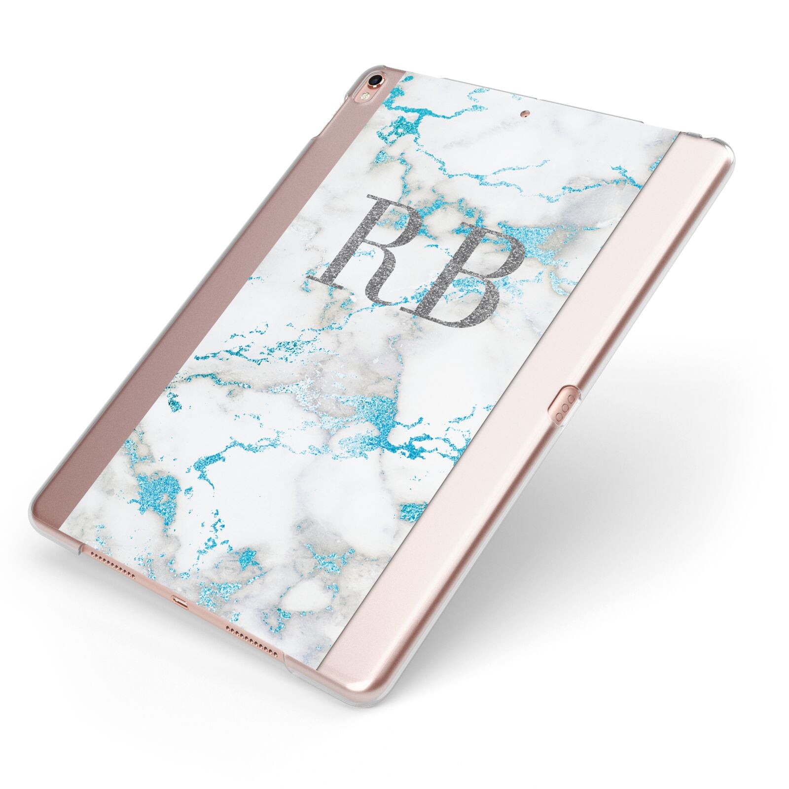 Personalised Blue Marble Initials Apple iPad Case on Rose Gold iPad Side View