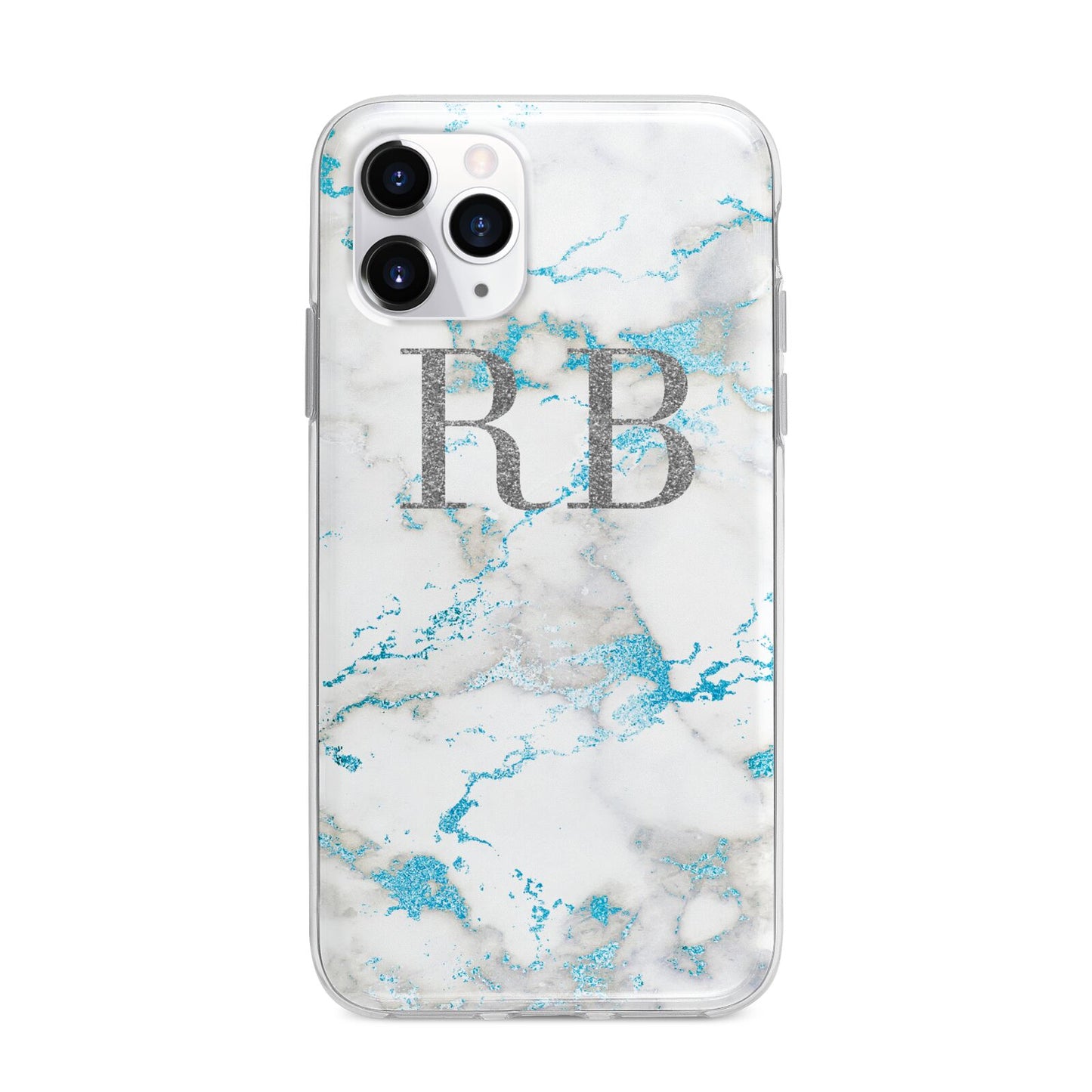 Personalised Blue Marble Initials Apple iPhone 11 Pro Max in Silver with Bumper Case