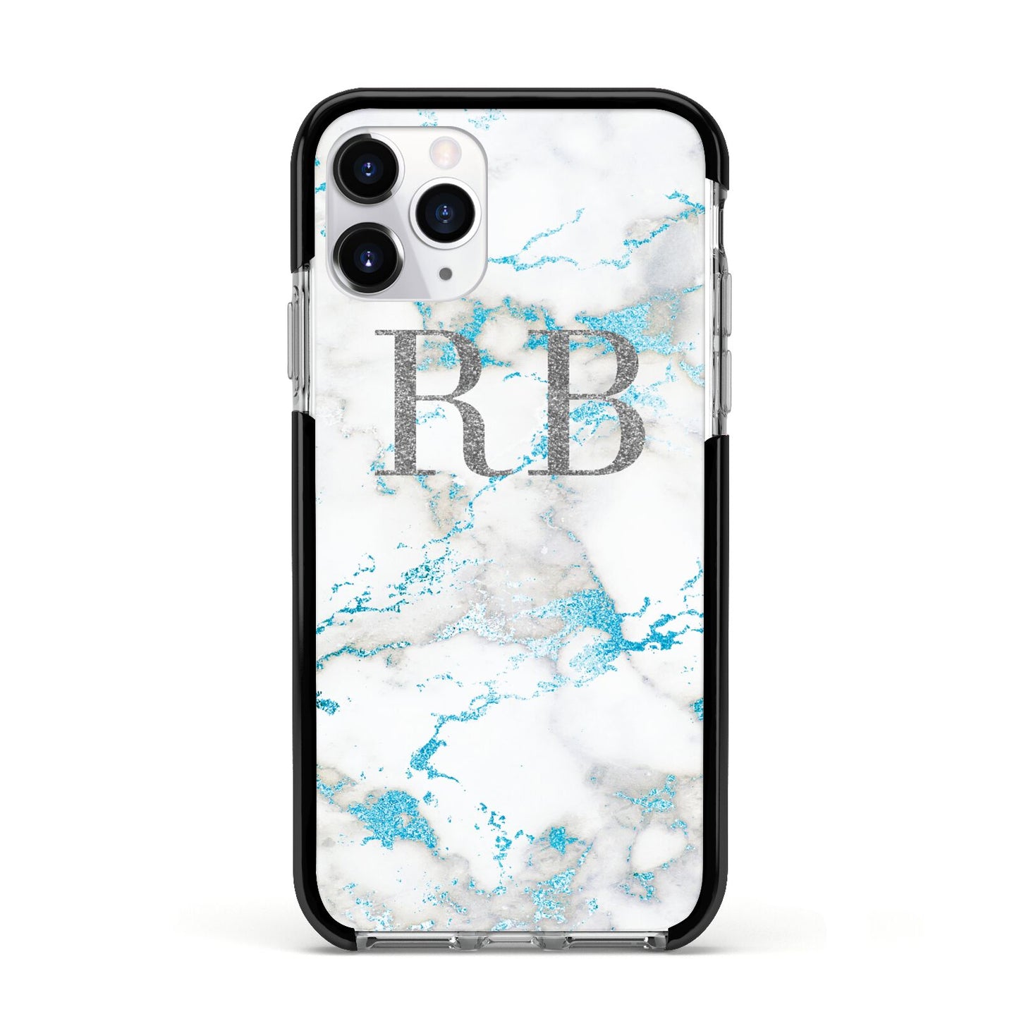 Personalised Blue Marble Initials Apple iPhone 11 Pro in Silver with Black Impact Case