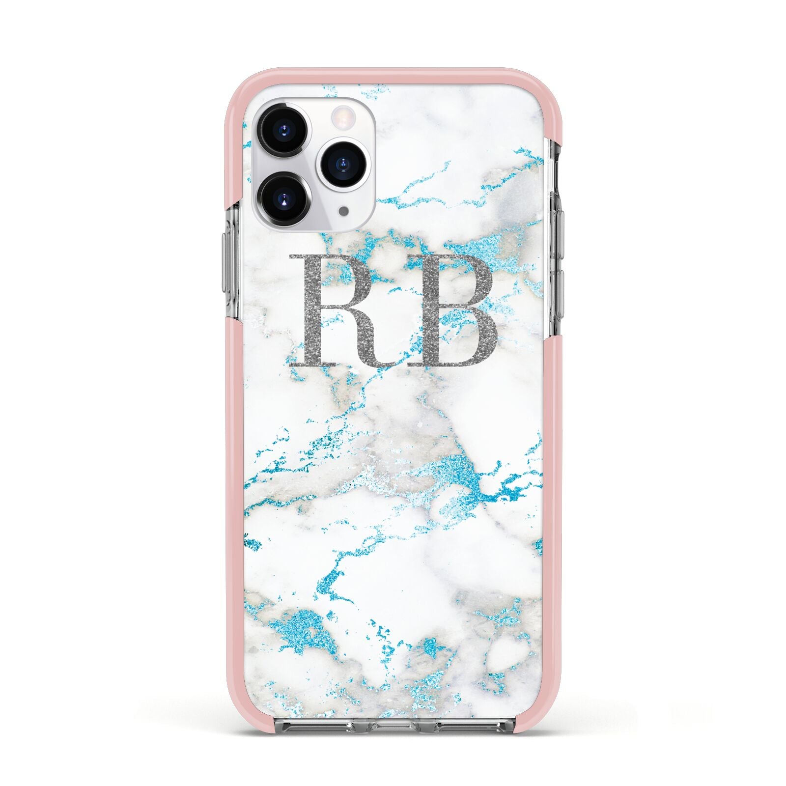 Personalised Blue Marble Initials Apple iPhone 11 Pro in Silver with Pink Impact Case