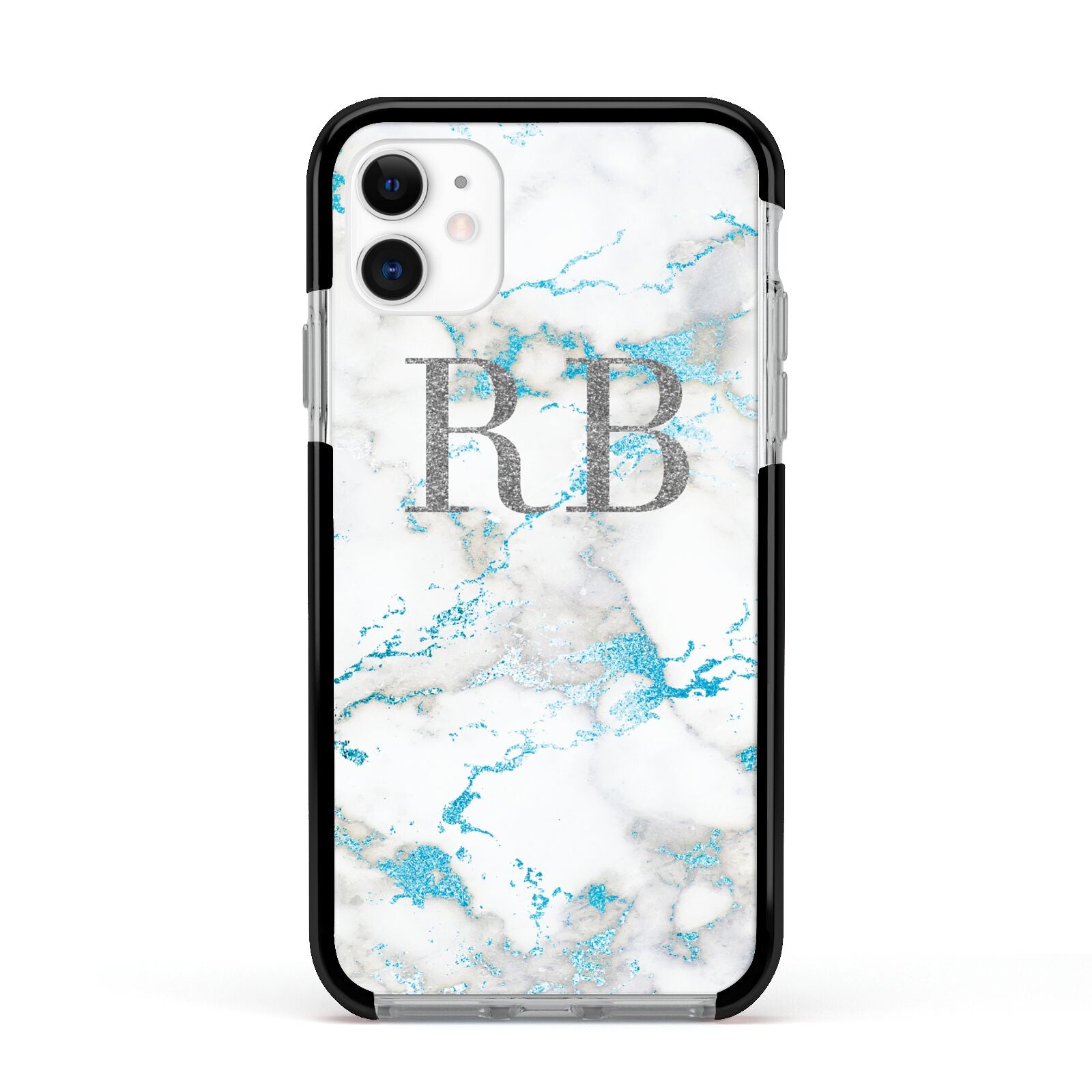 Personalised Blue Marble Initials Apple iPhone 11 in White with Black Impact Case