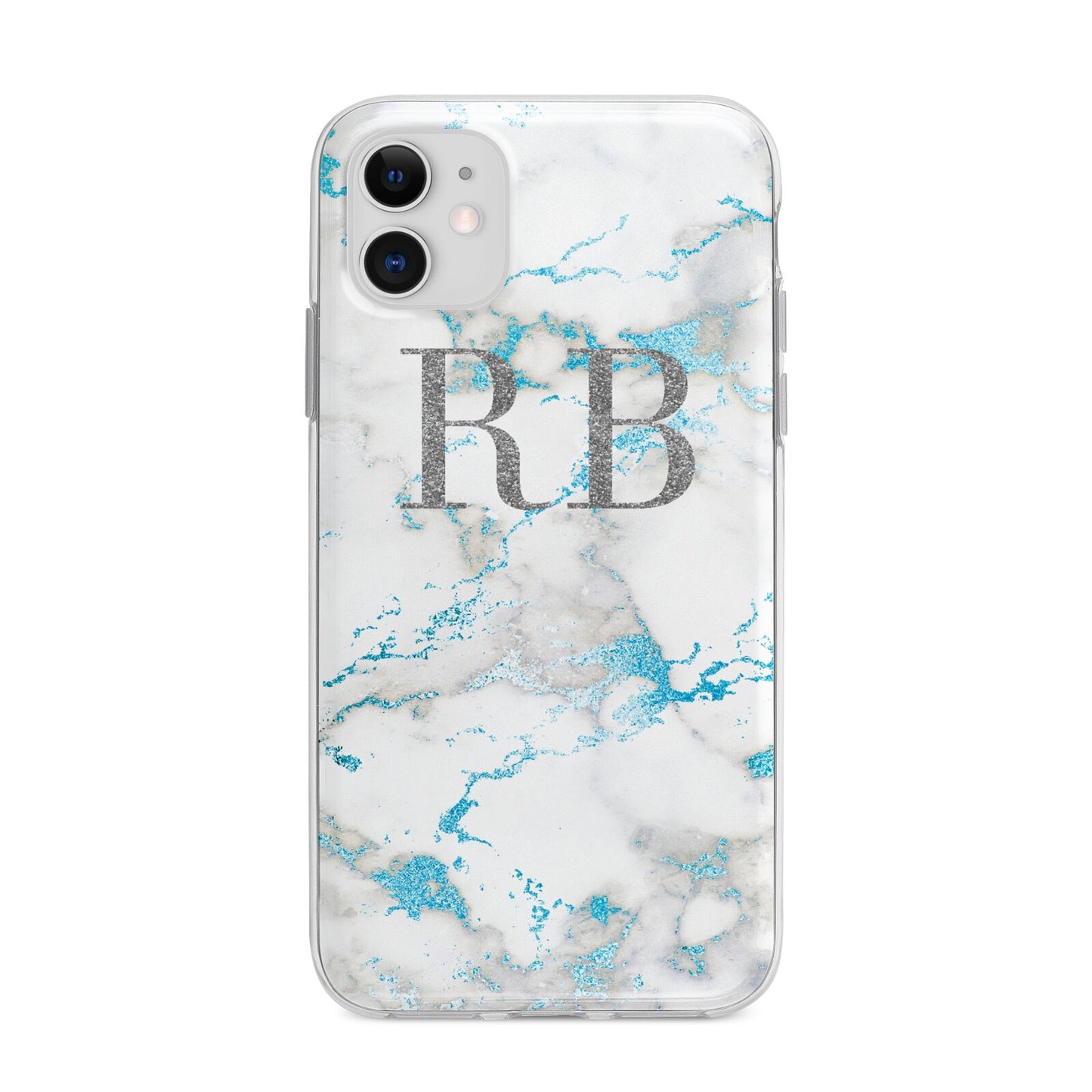 Personalised Blue Marble Initials Apple iPhone 11 in White with Bumper Case
