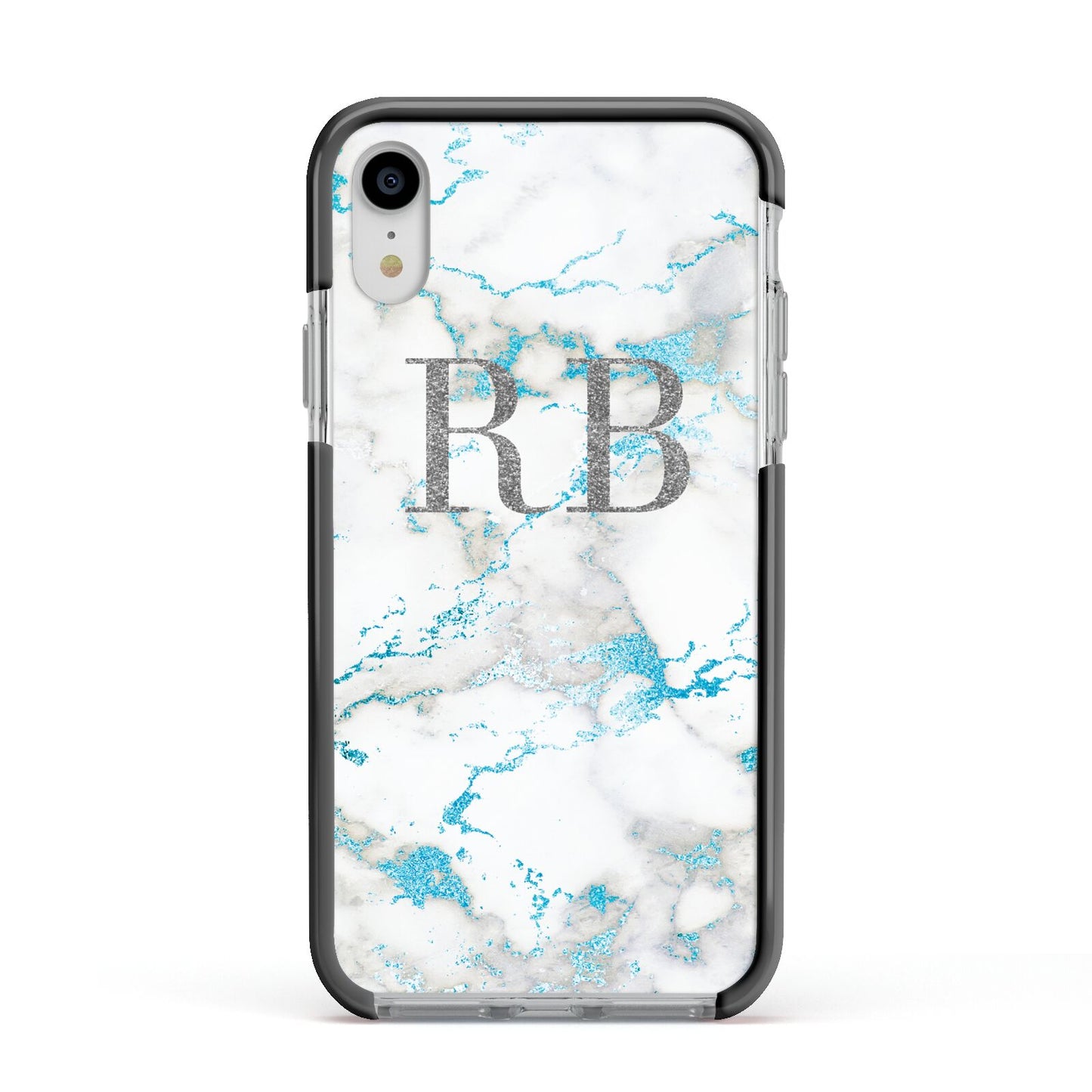 Personalised Blue Marble Initials Apple iPhone XR Impact Case Black Edge on Silver Phone