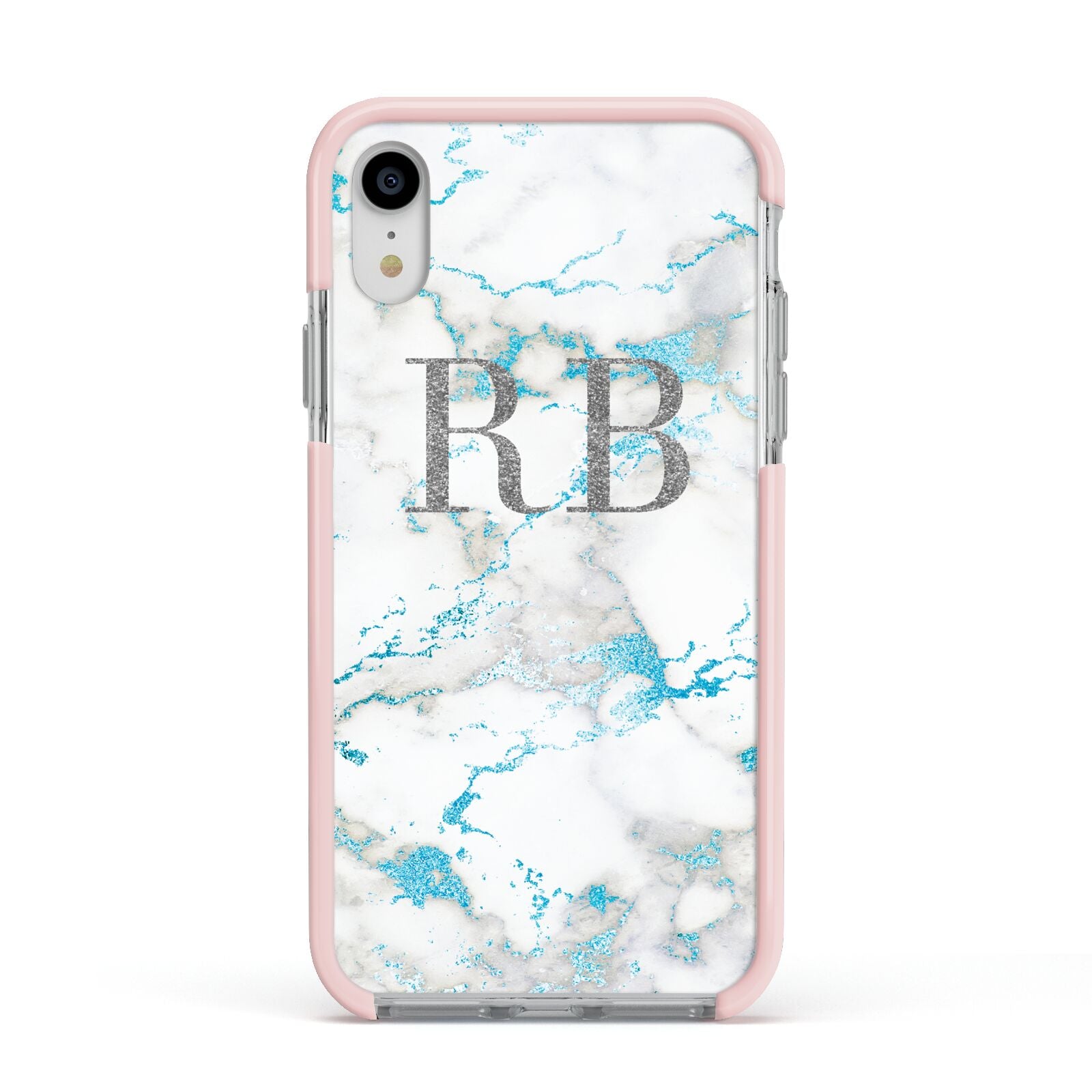 Personalised Blue Marble Initials Apple iPhone XR Impact Case Pink Edge on Silver Phone