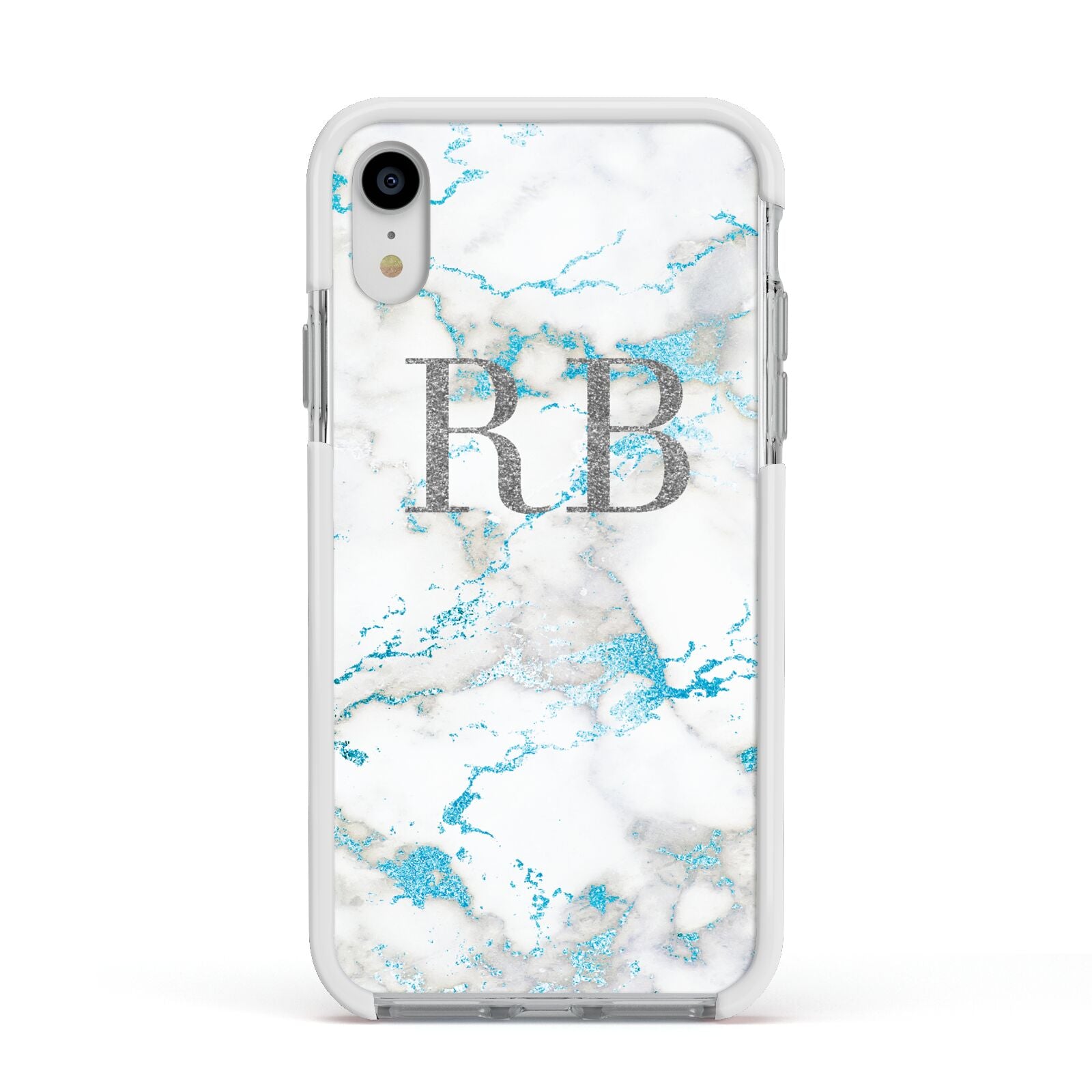 Personalised Blue Marble Initials Apple iPhone XR Impact Case White Edge on Silver Phone