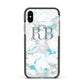 Personalised Blue Marble Initials Apple iPhone Xs Impact Case Black Edge on Silver Phone