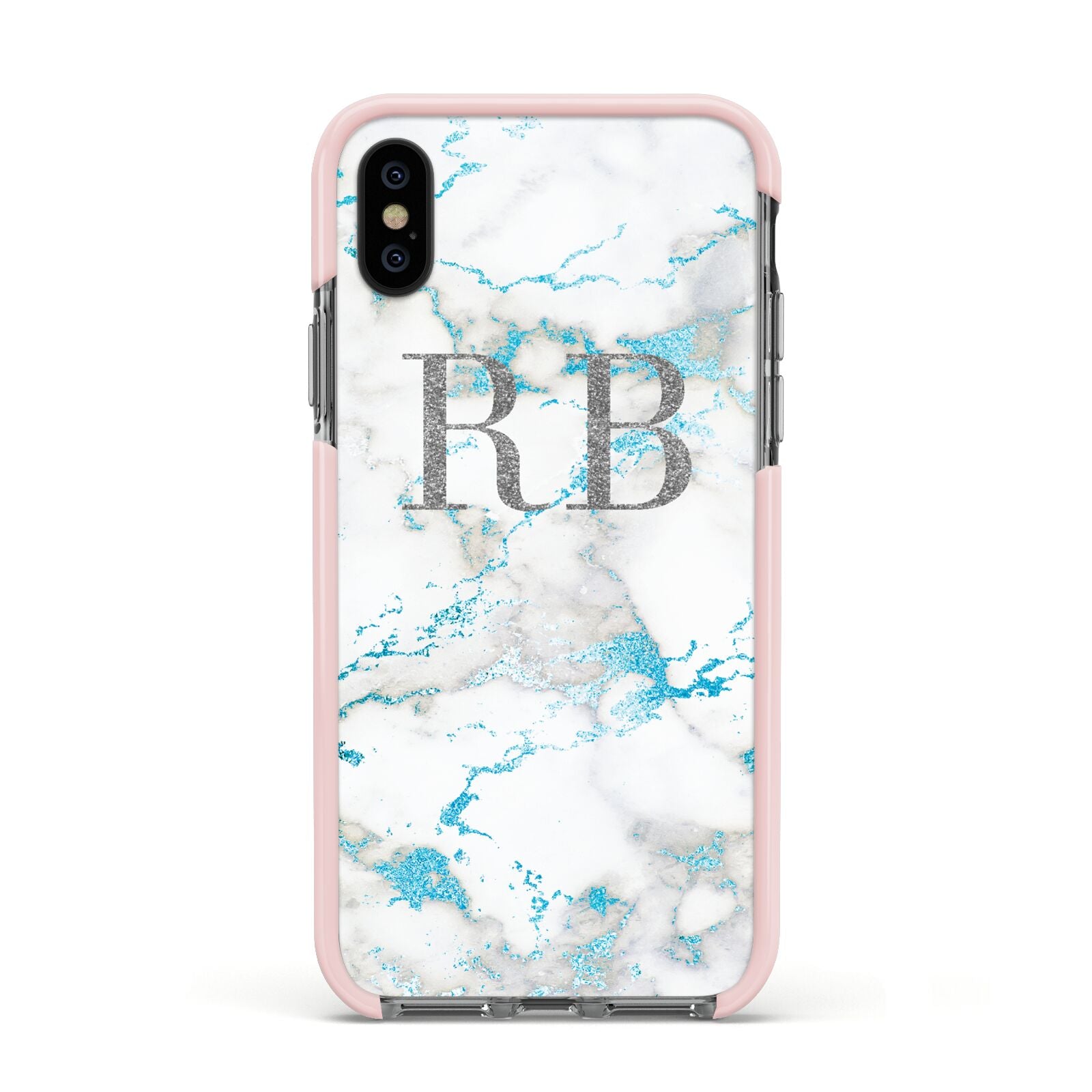 Personalised Blue Marble Initials Apple iPhone Xs Impact Case Pink Edge on Black Phone