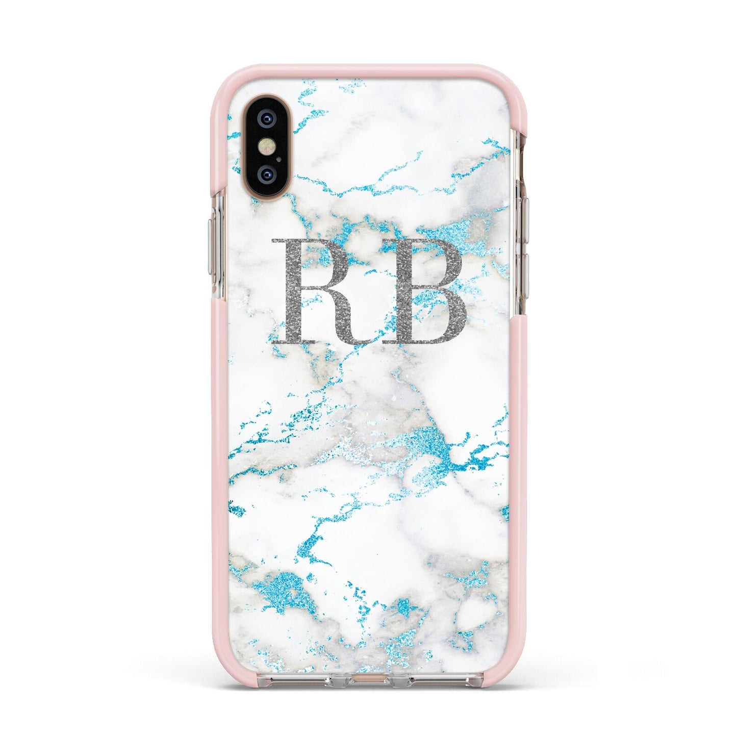 Personalised Blue Marble Initials Apple iPhone Xs Impact Case Pink Edge on Gold Phone