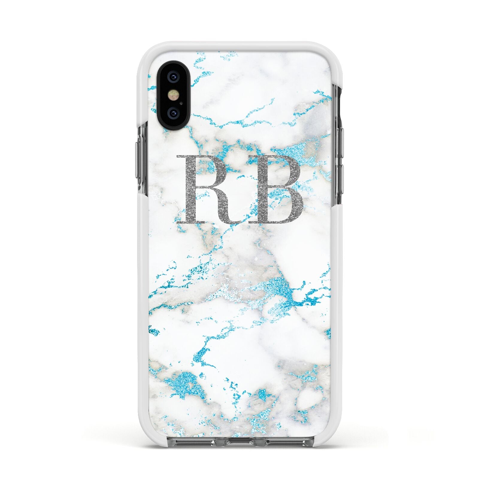 Personalised Blue Marble Initials Apple iPhone Xs Impact Case White Edge on Black Phone