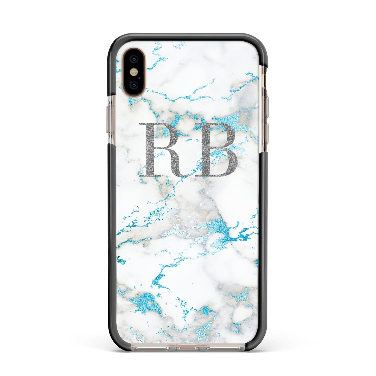 Personalised Blue Marble Initials Apple iPhone Xs Max Impact Case Black Edge on Gold Phone