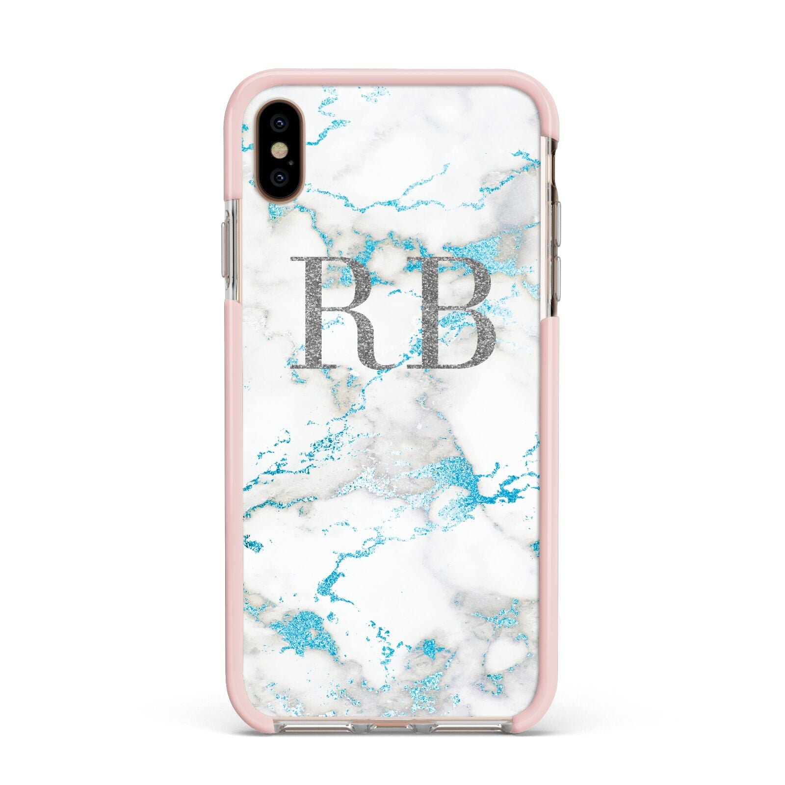 Personalised Blue Marble Initials Apple iPhone Xs Max Impact Case Pink Edge on Gold Phone