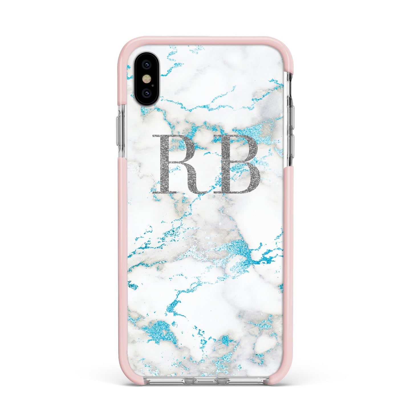 Personalised Blue Marble Initials Apple iPhone Xs Max Impact Case Pink Edge on Silver Phone