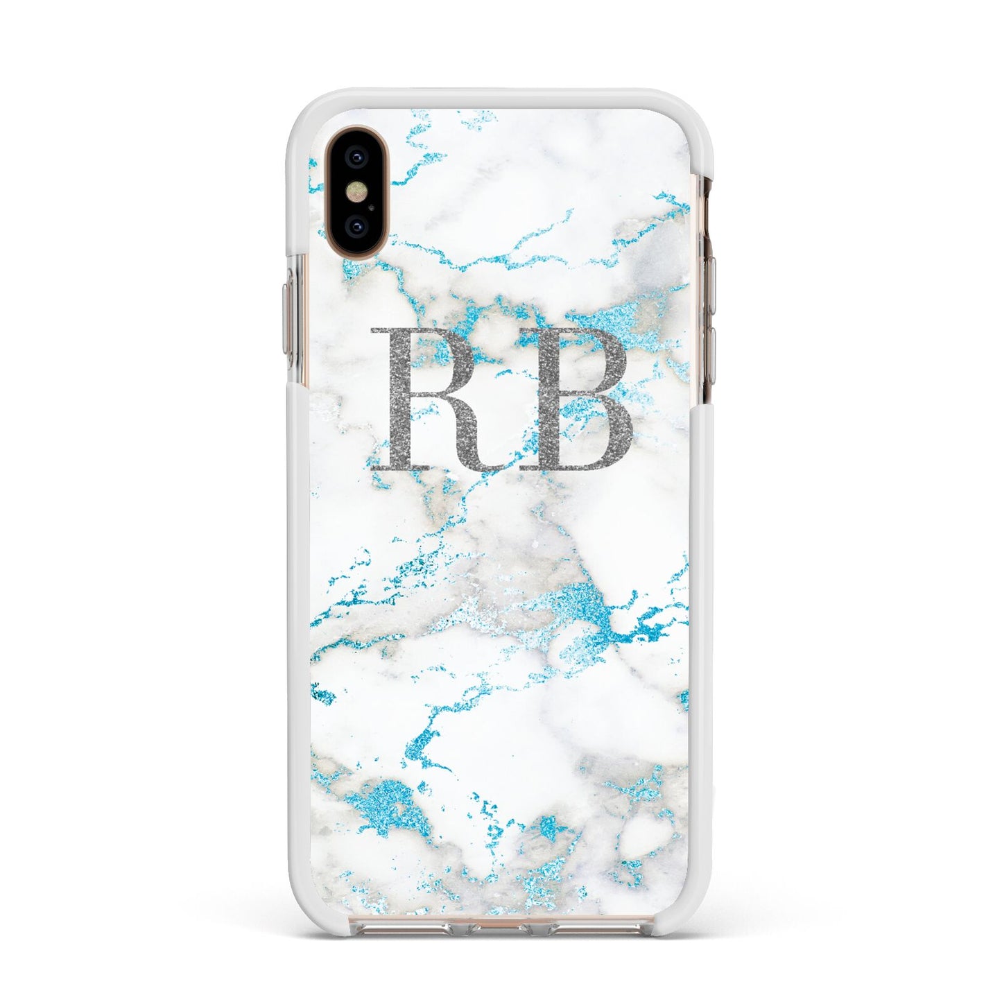 Personalised Blue Marble Initials Apple iPhone Xs Max Impact Case White Edge on Gold Phone