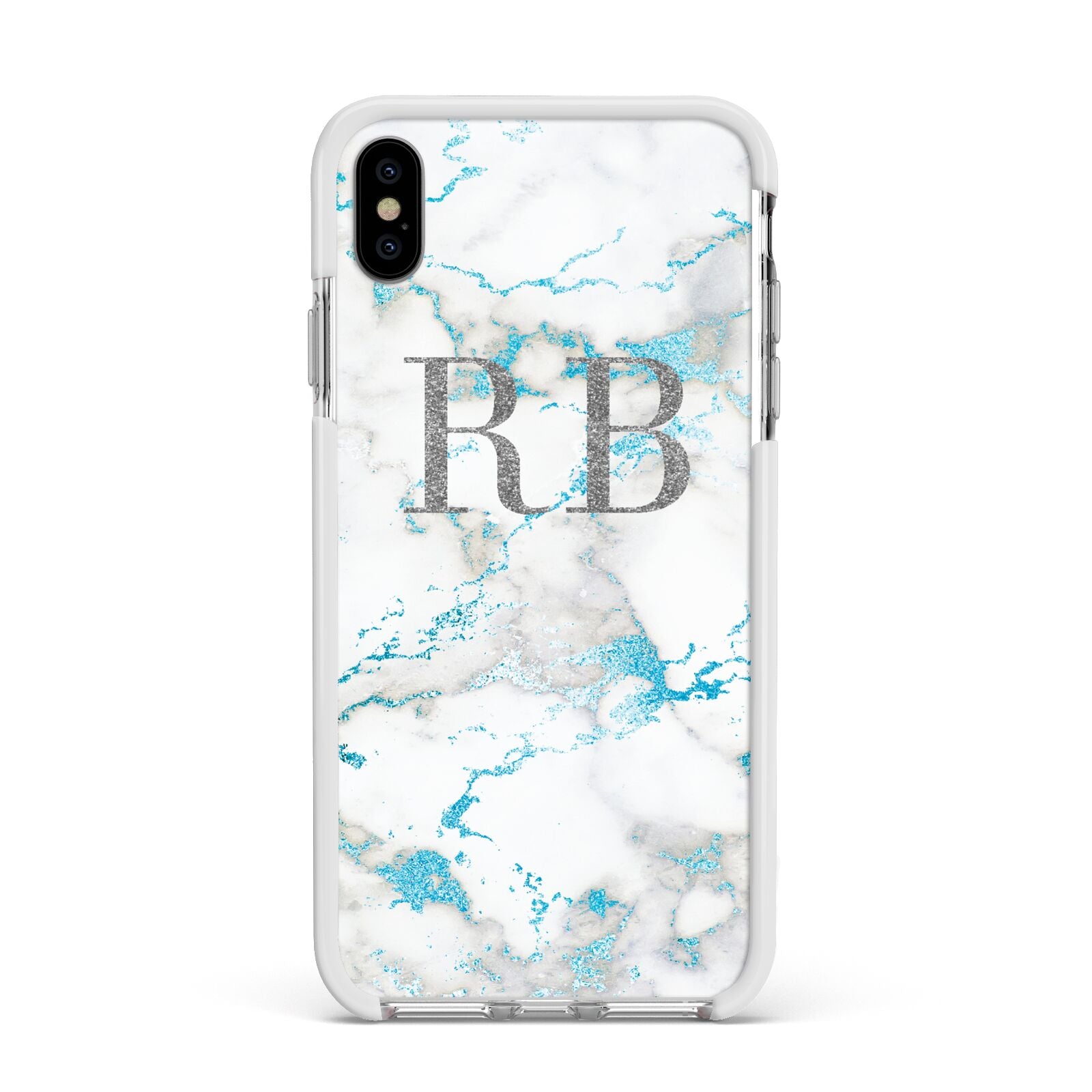 Personalised Blue Marble Initials Apple iPhone Xs Max Impact Case White Edge on Silver Phone