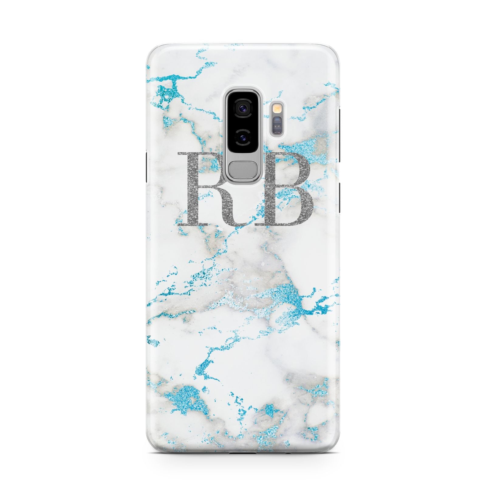 Personalised Blue Marble Initials Samsung Galaxy S9 Plus Case on Silver phone