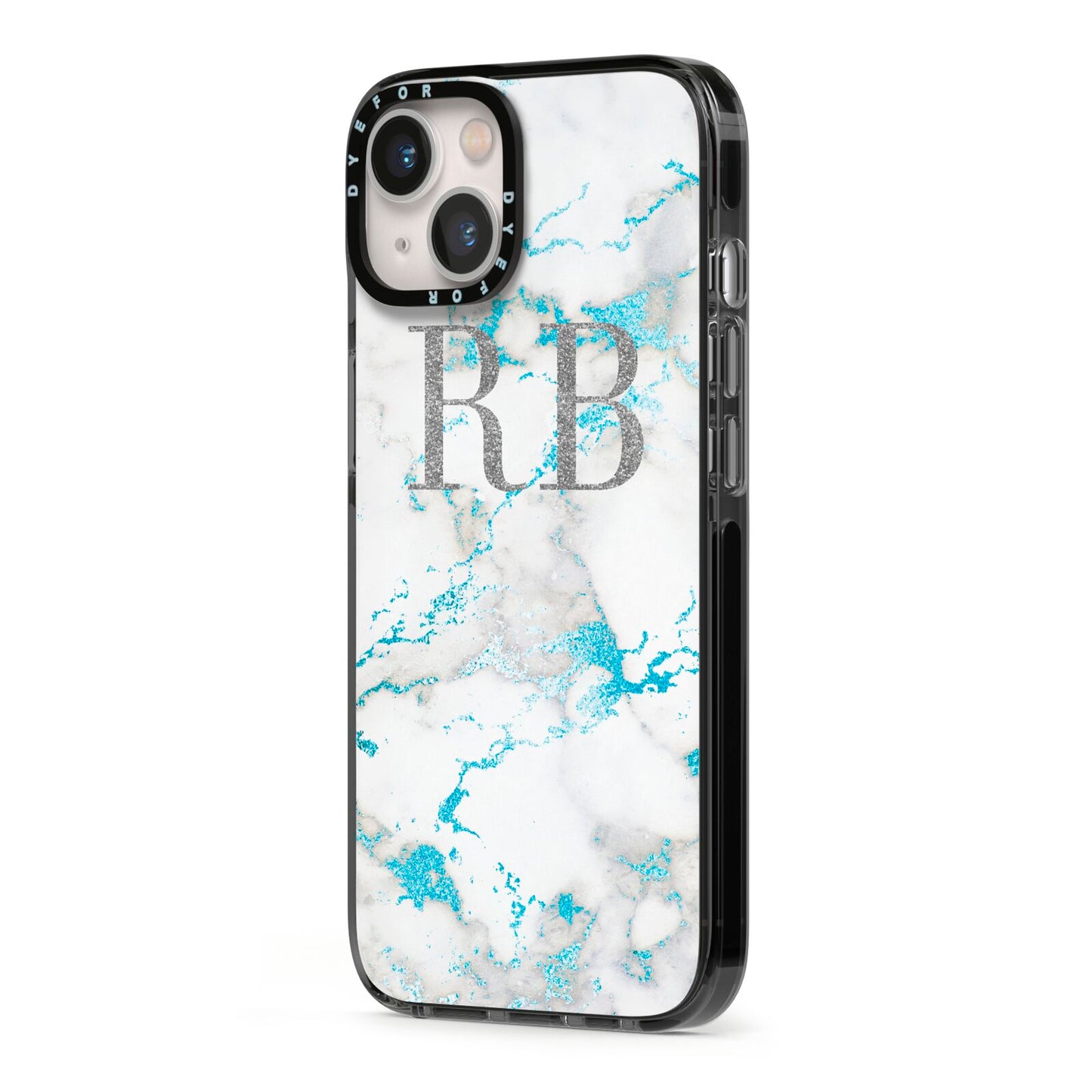 Personalised Blue Marble Initials iPhone 13 Black Impact Case Side Angle on Silver phone
