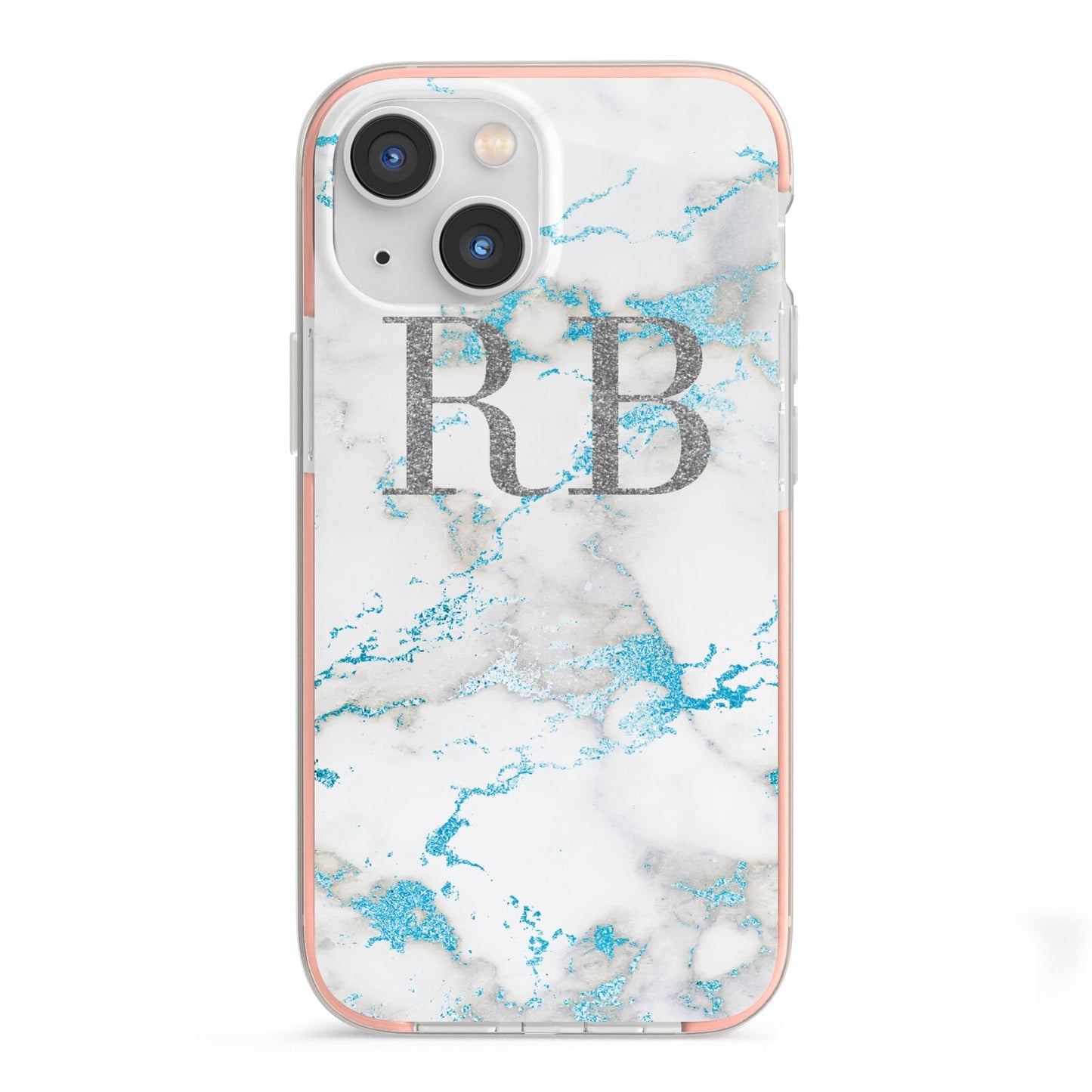 Personalised Blue Marble Initials iPhone 13 Mini TPU Impact Case with Pink Edges