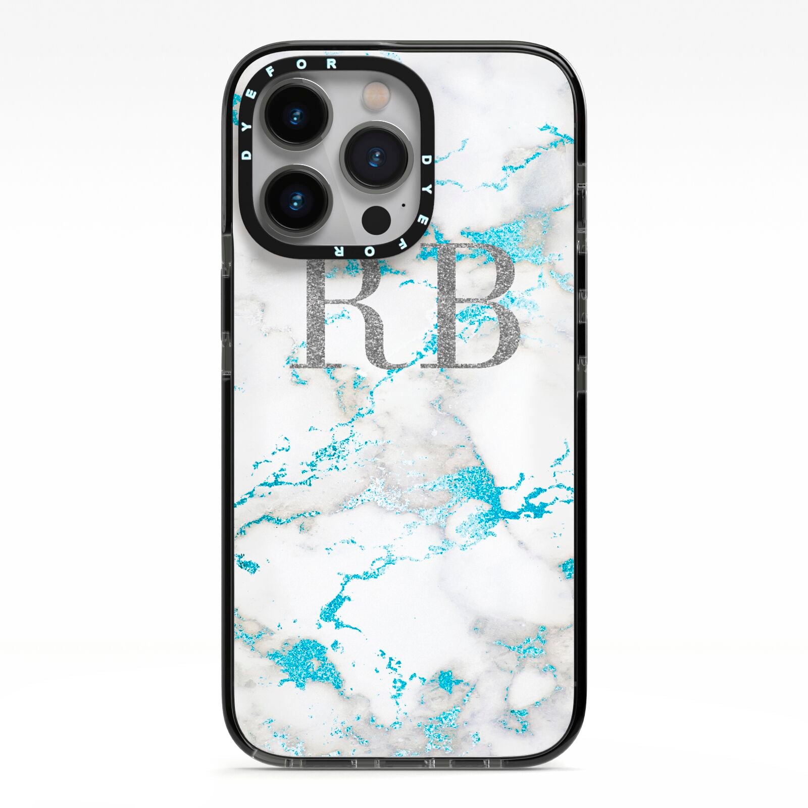 Personalised Blue Marble Initials iPhone 13 Pro Black Impact Case on Silver phone