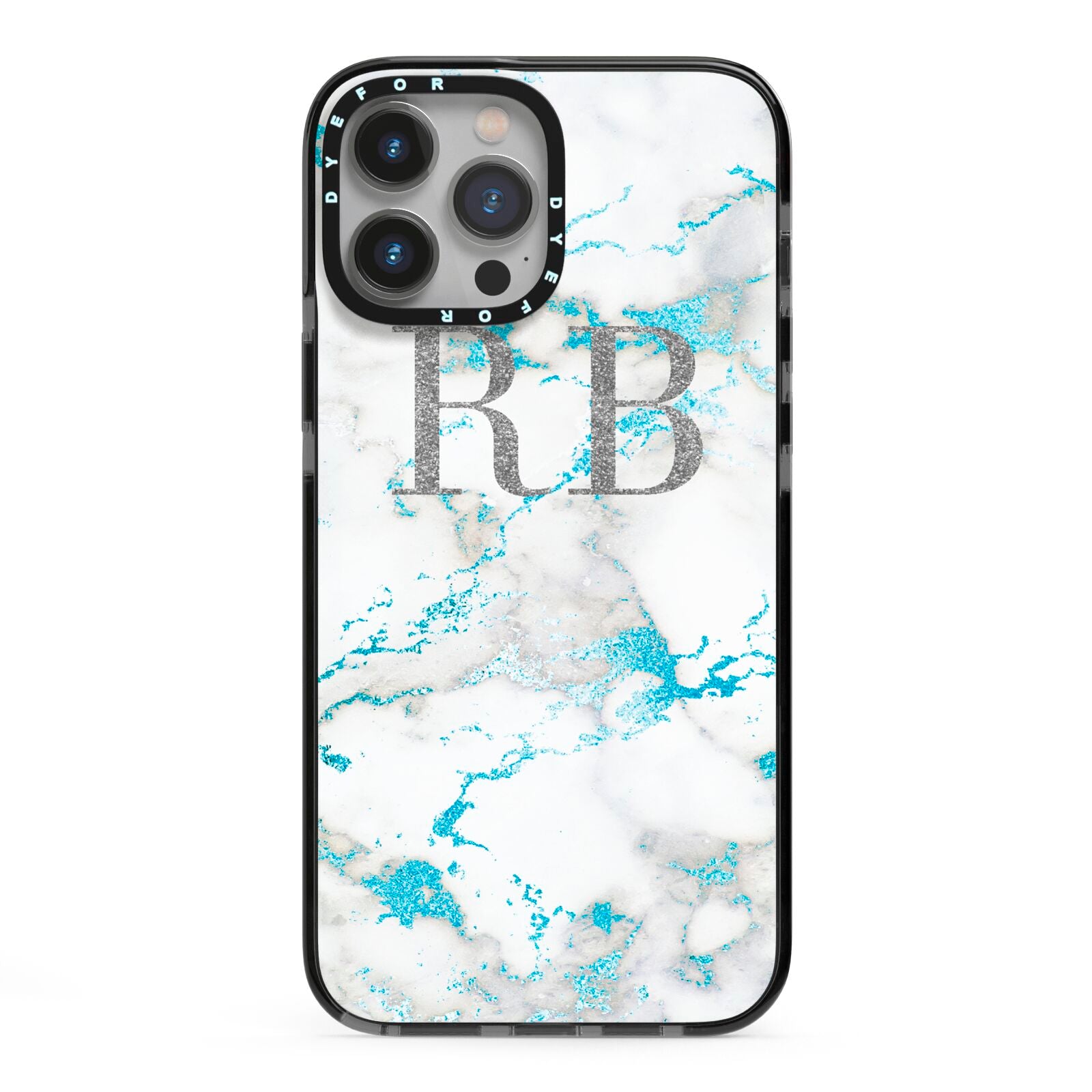 Personalised Blue Marble Initials iPhone 13 Pro Max Black Impact Case on Silver phone