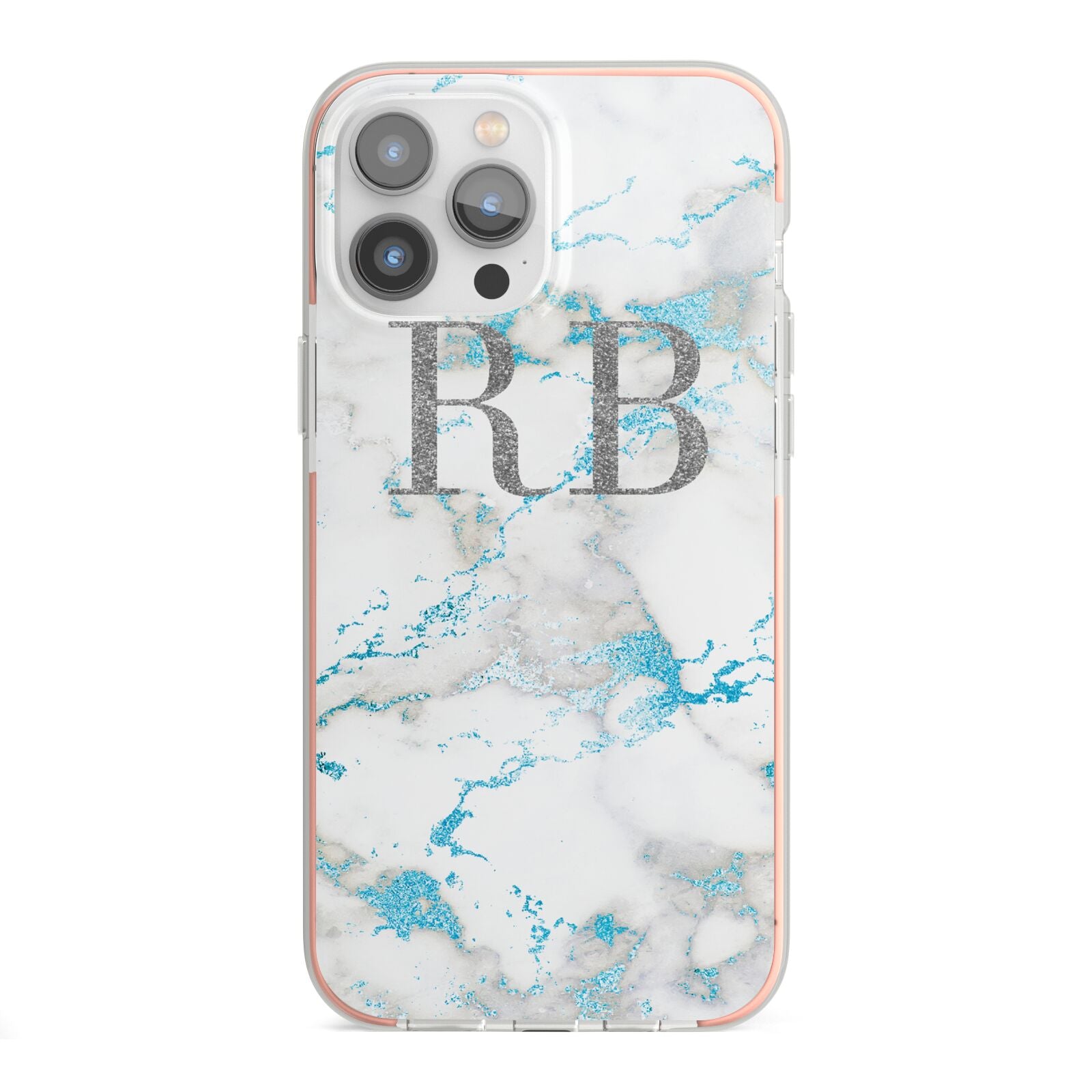 Personalised Blue Marble Initials iPhone 13 Pro Max TPU Impact Case with Pink Edges