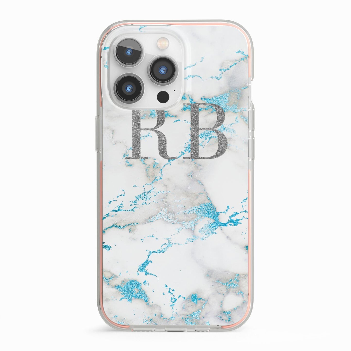 Personalised Blue Marble Initials iPhone 13 Pro TPU Impact Case with Pink Edges