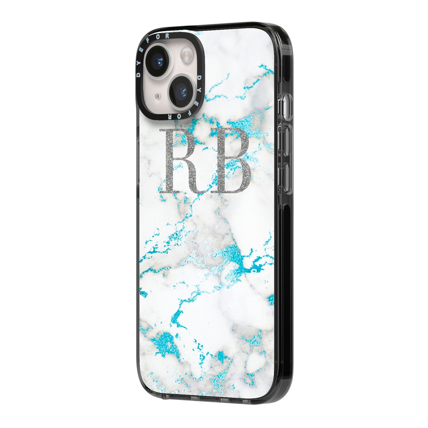 Personalised Blue Marble Initials iPhone 14 Black Impact Case Side Angle on Silver phone