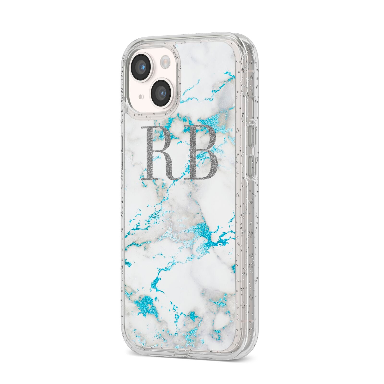 Personalised Blue Marble Initials iPhone 14 Glitter Tough Case Starlight Angled Image