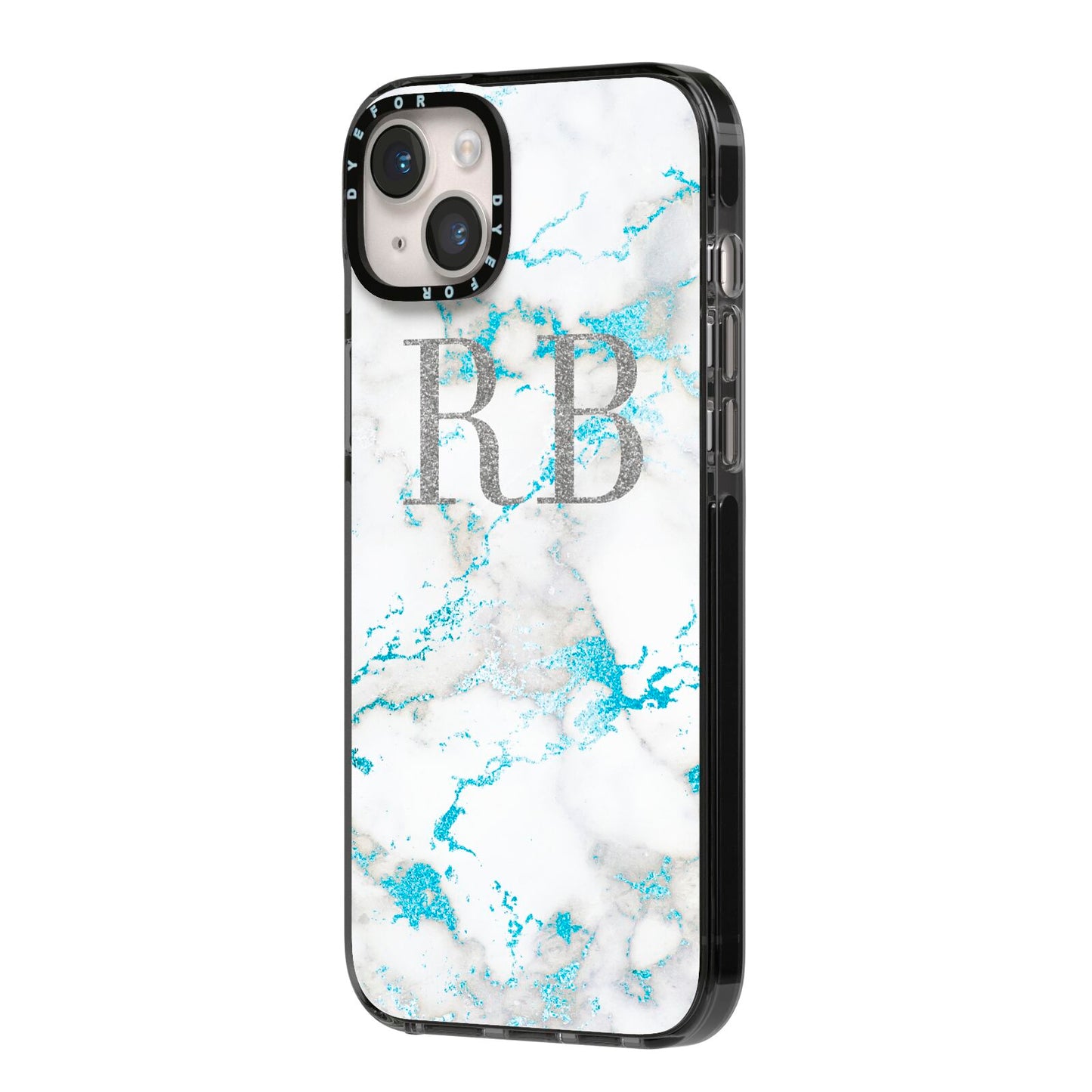Personalised Blue Marble Initials iPhone 14 Plus Black Impact Case Side Angle on Silver phone
