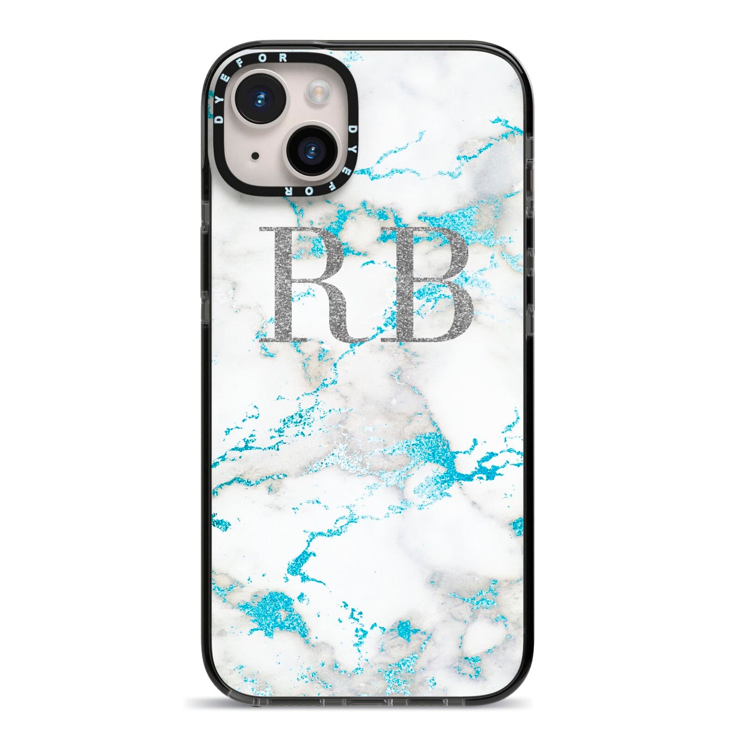 Personalised Blue Marble Initials iPhone 14 Plus Black Impact Case on Silver phone