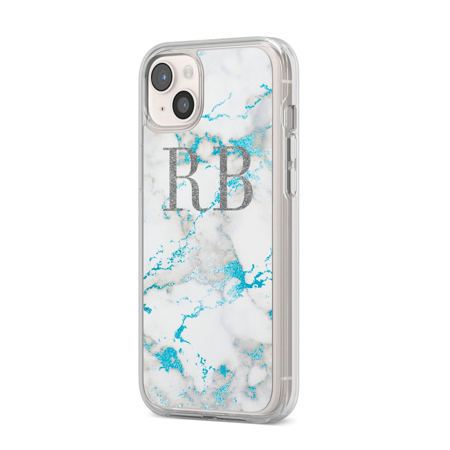 Personalised Blue Marble Initials iPhone 14 Plus Clear Tough Case Starlight Angled Image