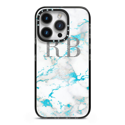 Personalised Blue Marble Initials iPhone 14 Pro Black Impact Case on Silver phone
