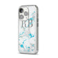 Personalised Blue Marble Initials iPhone 14 Pro Clear Tough Case Silver Angled Image