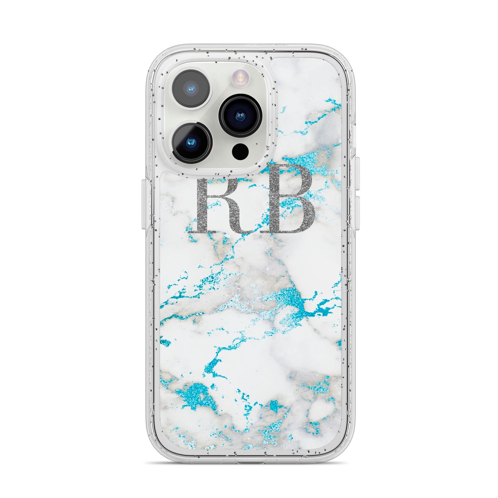 Personalised Blue Marble Initials iPhone 14 Pro Glitter Tough Case Silver