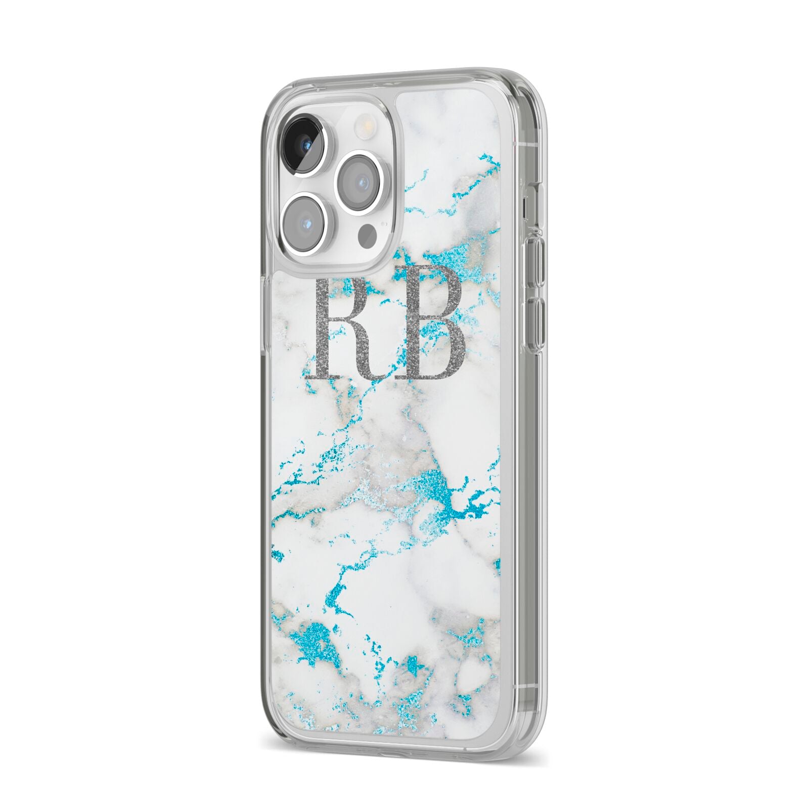 Personalised Blue Marble Initials iPhone 14 Pro Max Clear Tough Case Silver Angled Image